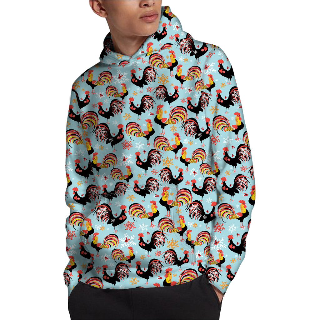 Rooster And Snowflake Pattern Print Pullover Hoodie