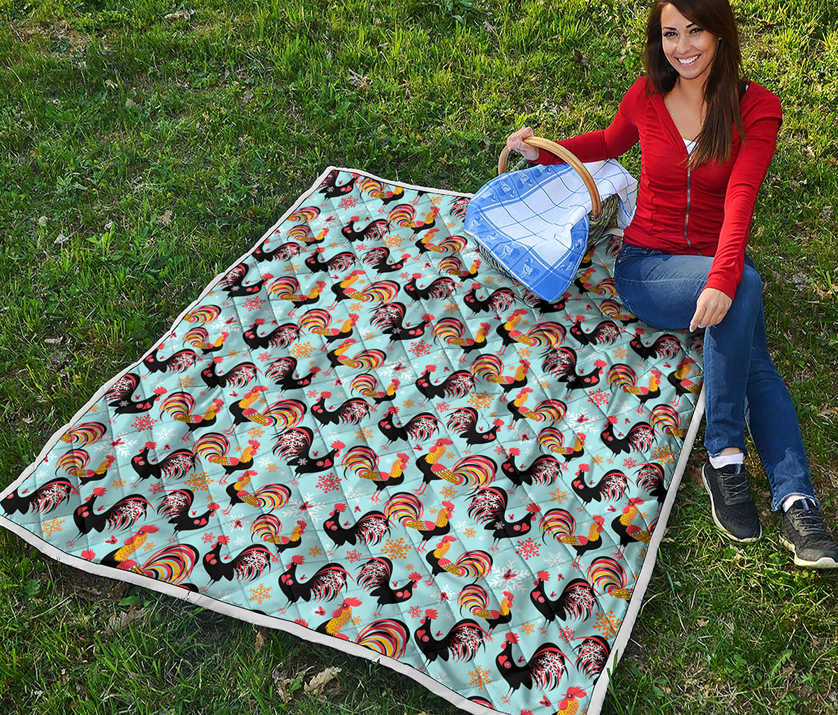 Rooster And Snowflake Pattern Print Quilt
