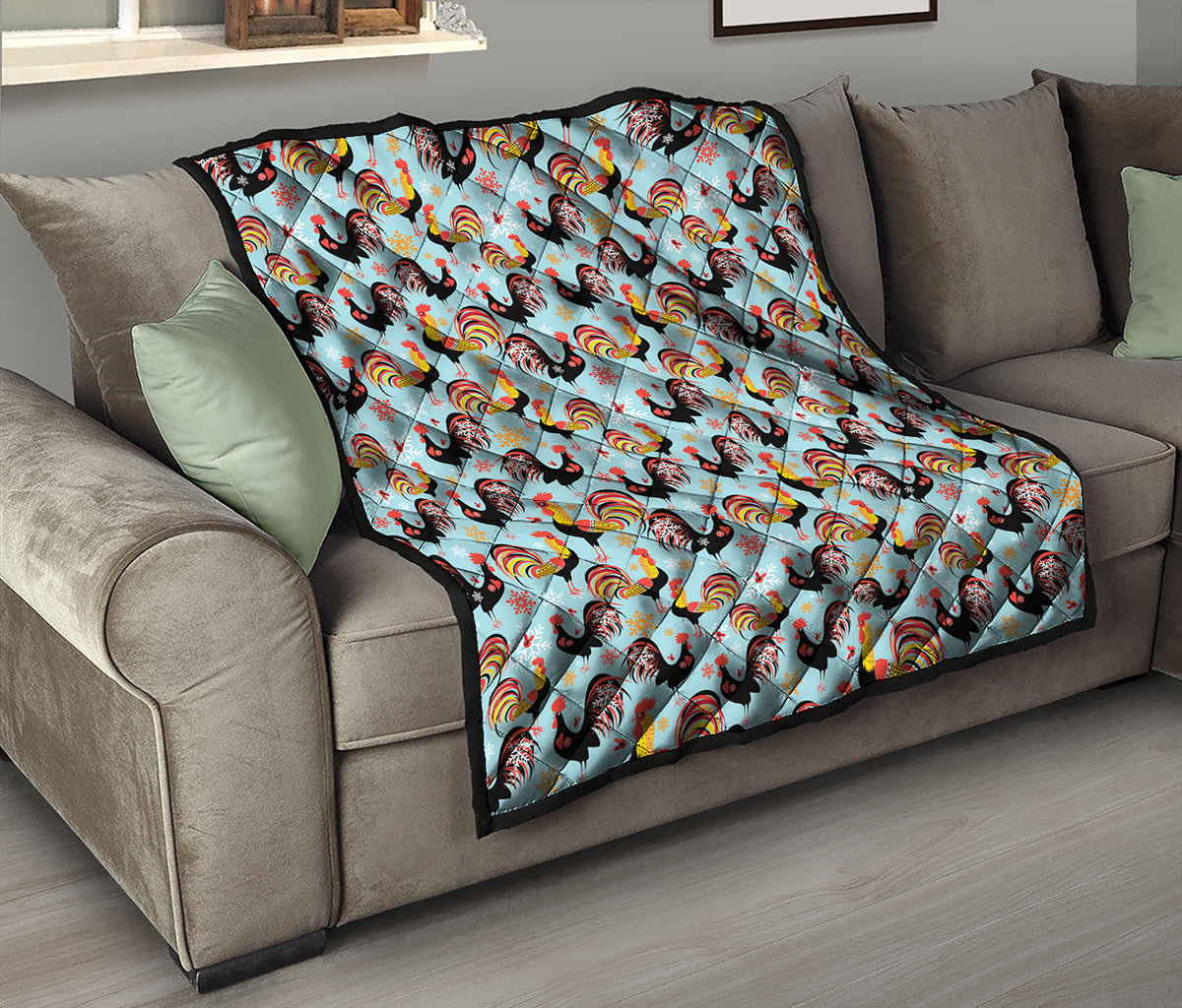 Rooster And Snowflake Pattern Print Quilt
