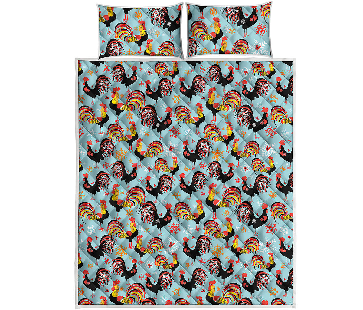 Rooster And Snowflake Pattern Print Quilt Bed Set