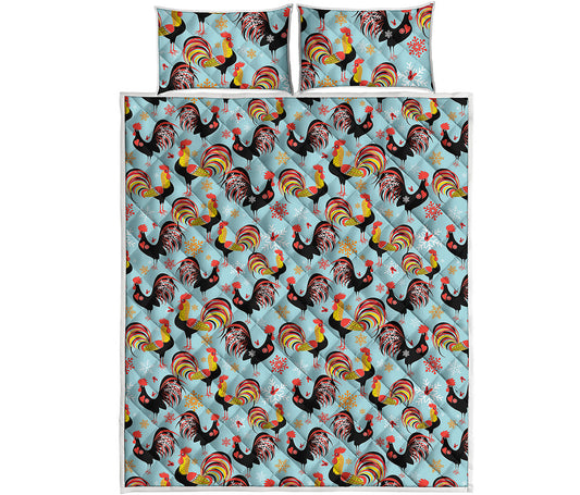 Rooster And Snowflake Pattern Print Quilt Bed Set