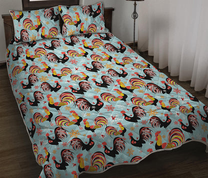 Rooster And Snowflake Pattern Print Quilt Bed Set