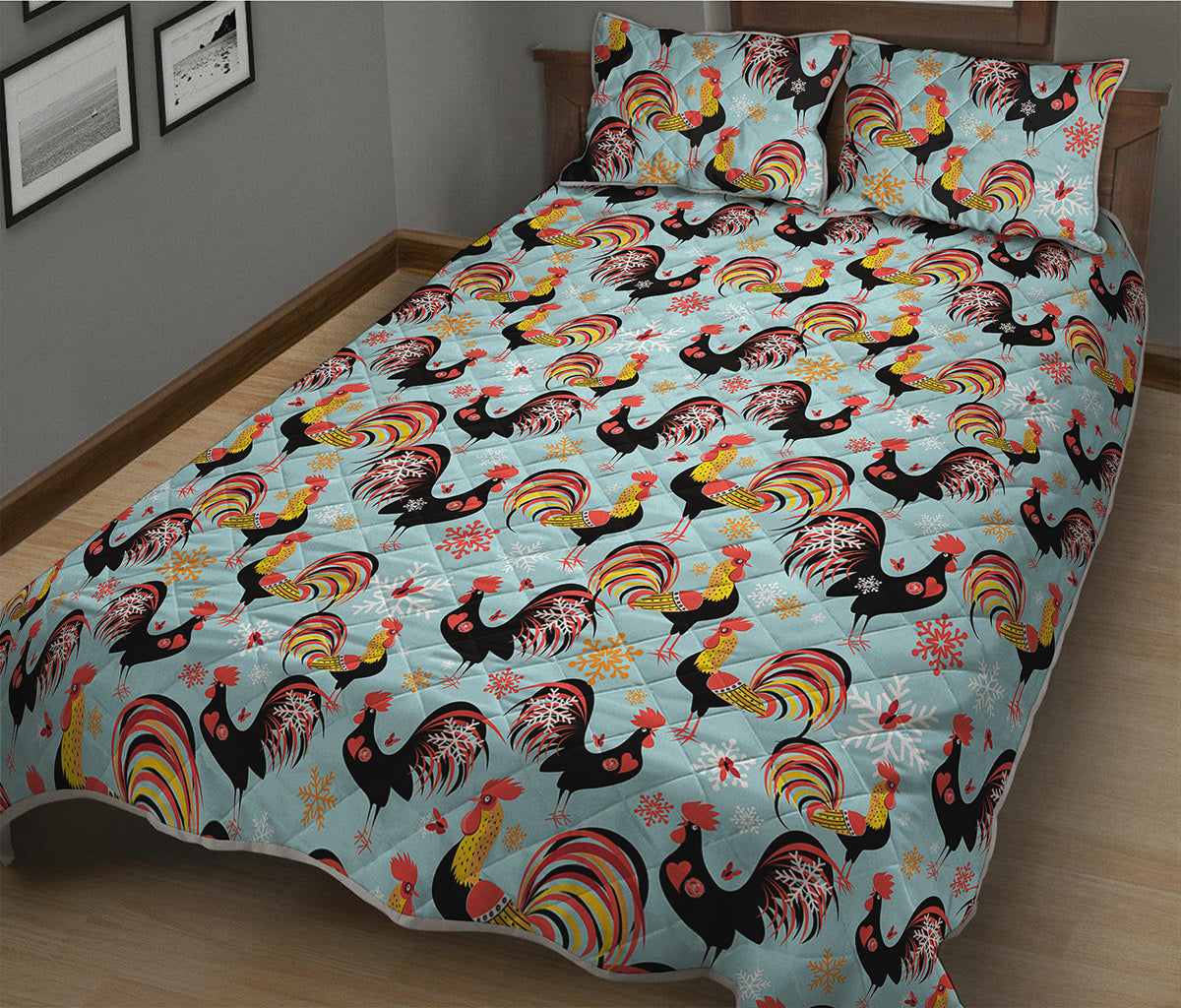 Rooster And Snowflake Pattern Print Quilt Bed Set