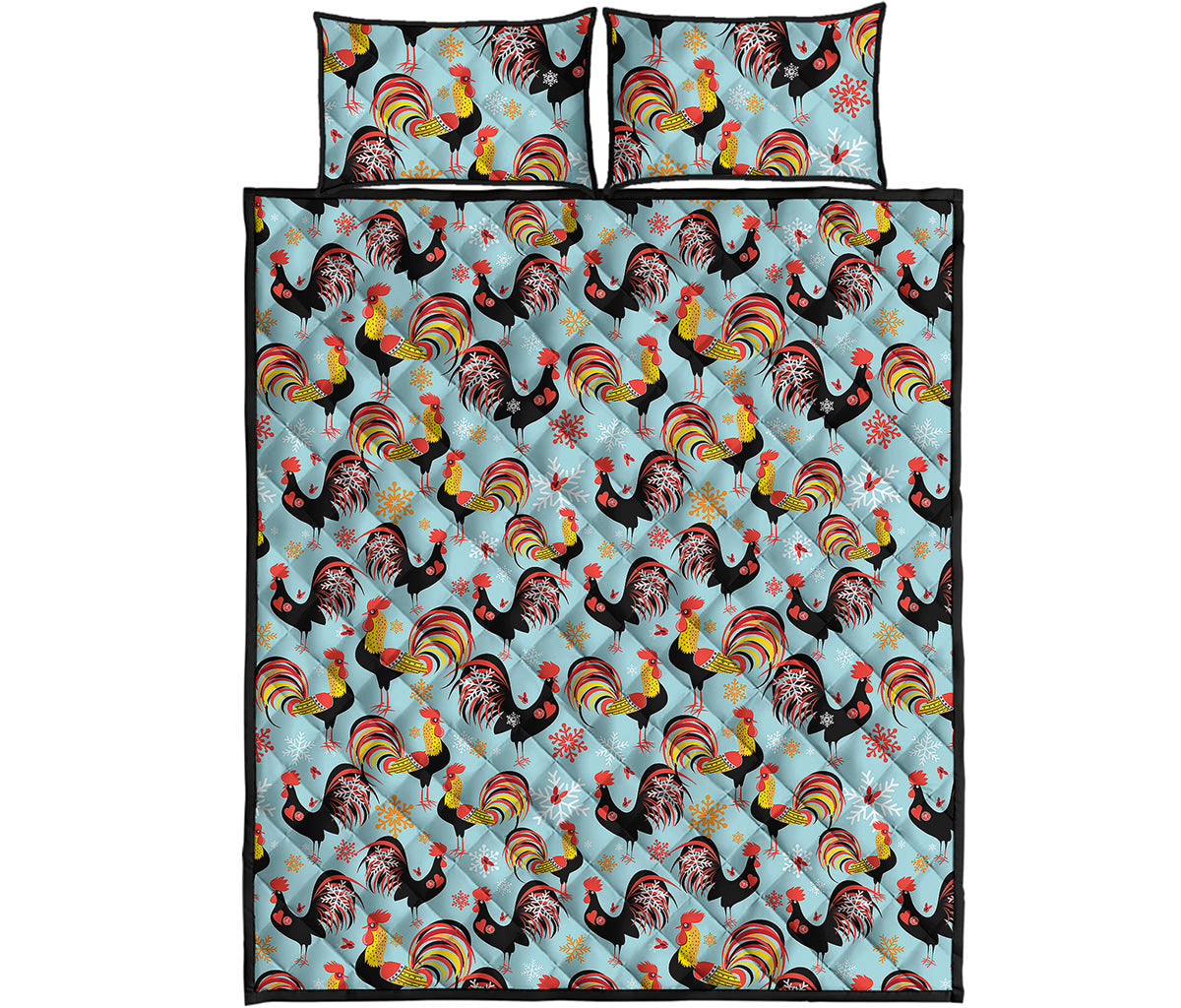 Rooster And Snowflake Pattern Print Quilt Bed Set