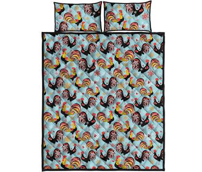 Rooster And Snowflake Pattern Print Quilt Bed Set