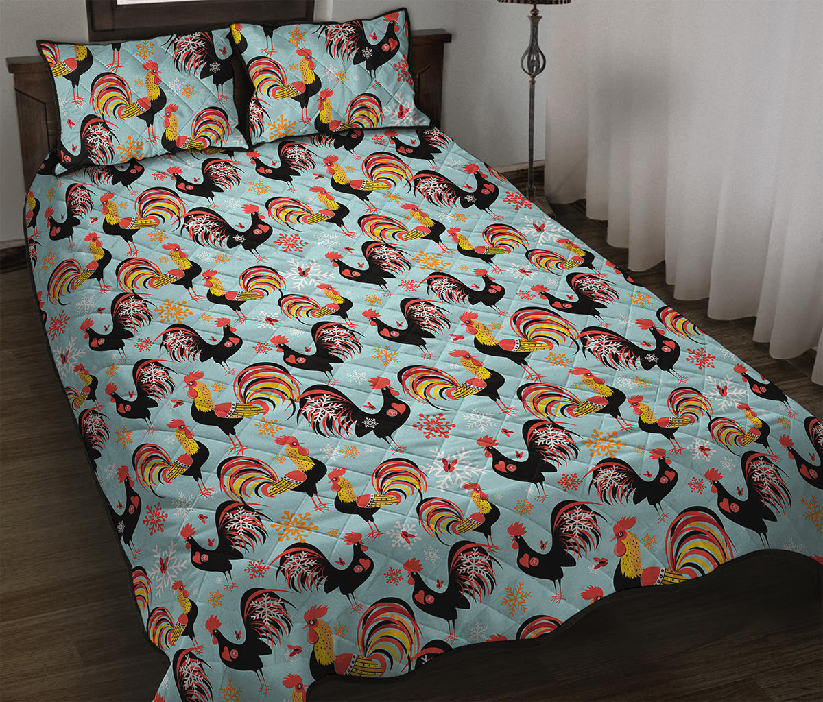 Rooster And Snowflake Pattern Print Quilt Bed Set