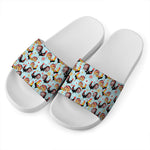 Rooster And Snowflake Pattern Print White Slide Sandals