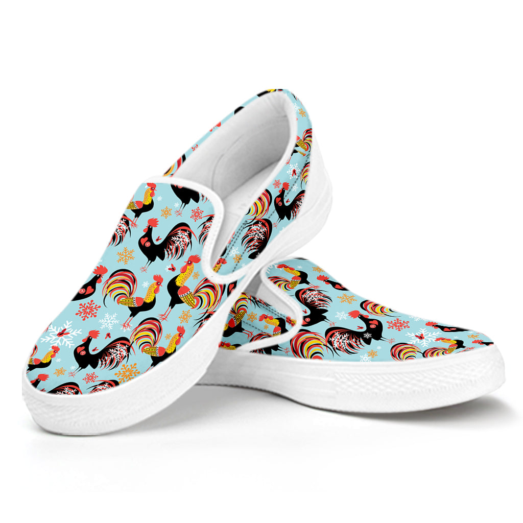 Rooster And Snowflake Pattern Print White Slip On Shoes