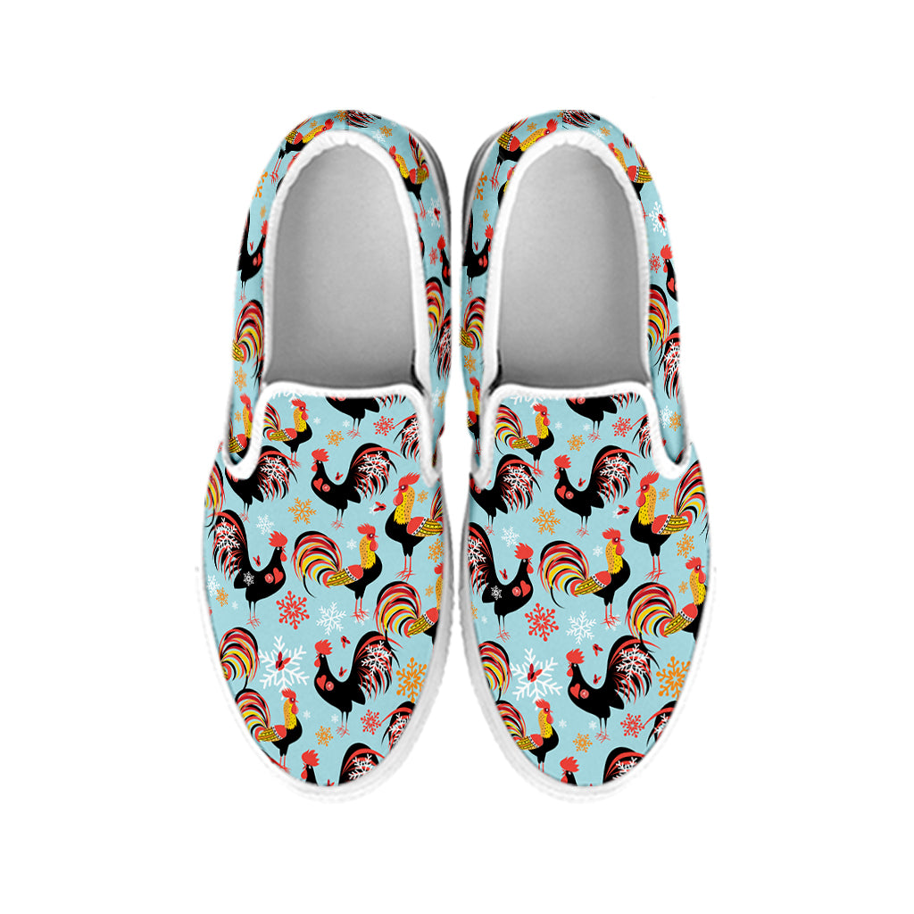 Rooster And Snowflake Pattern Print White Slip On Shoes