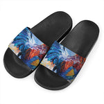 Rooster Painting Print Black Slide Sandals