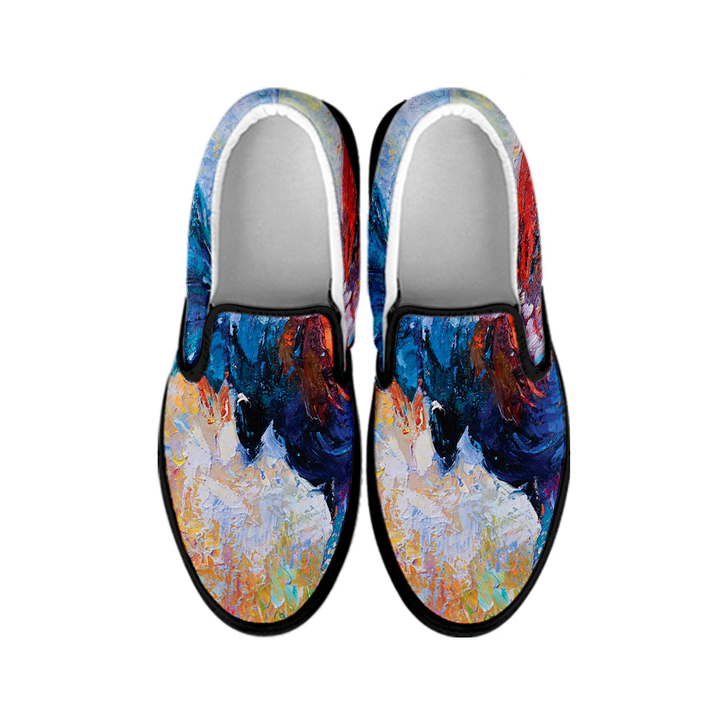 Rooster Painting Print Black Slip On Shoes
