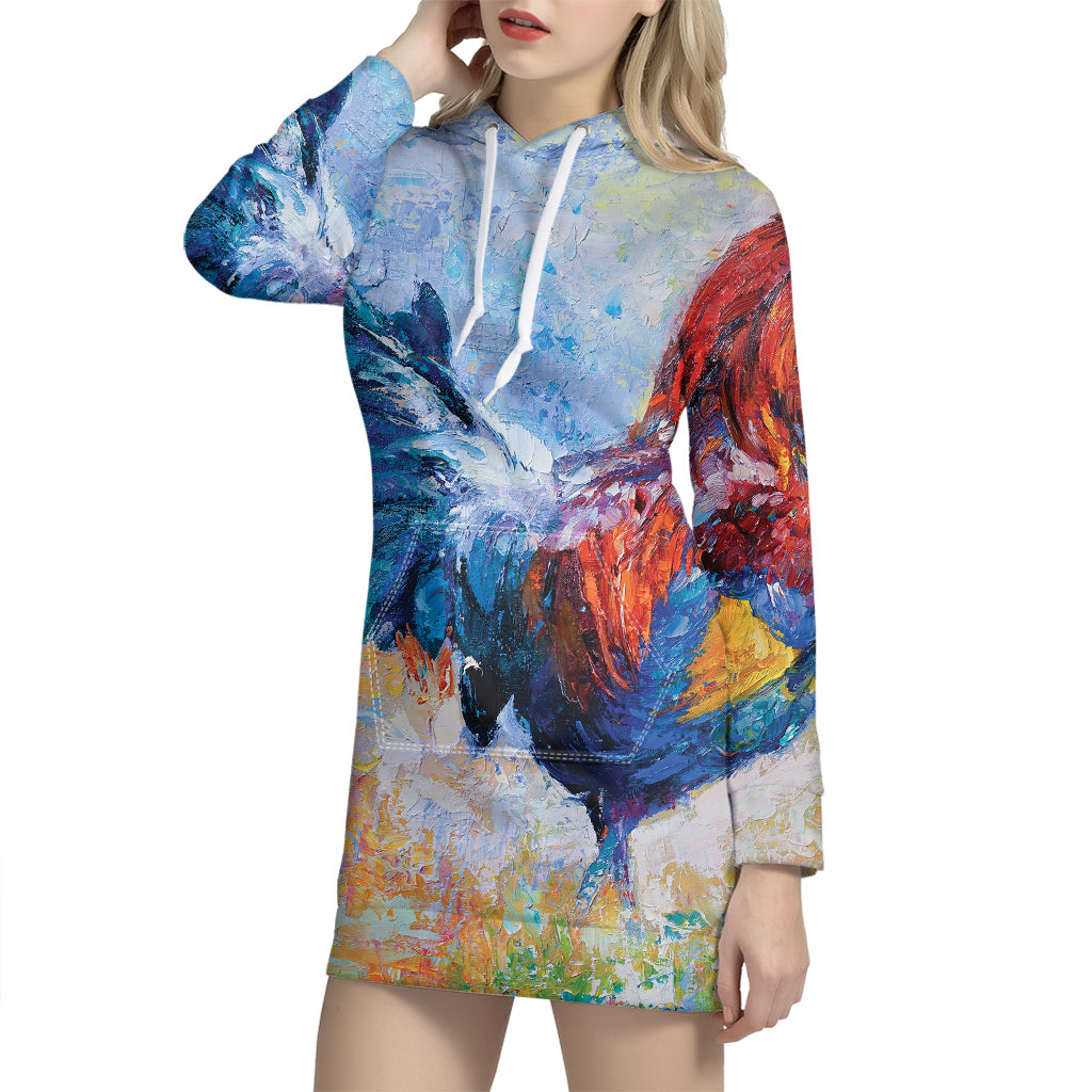 Rooster Painting Print Pullover Hoodie Dress