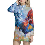Rooster Painting Print Pullover Hoodie Dress