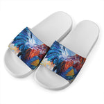 Rooster Painting Print White Slide Sandals
