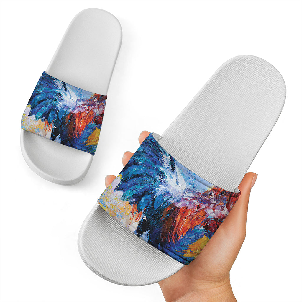 Rooster Painting Print White Slide Sandals