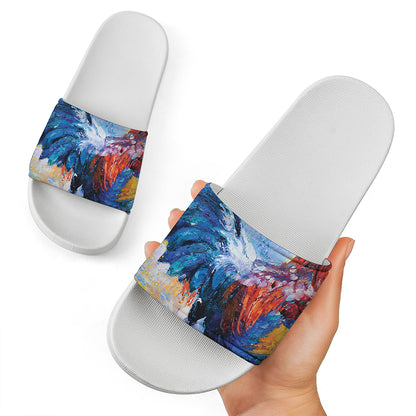 Rooster Painting Print White Slide Sandals