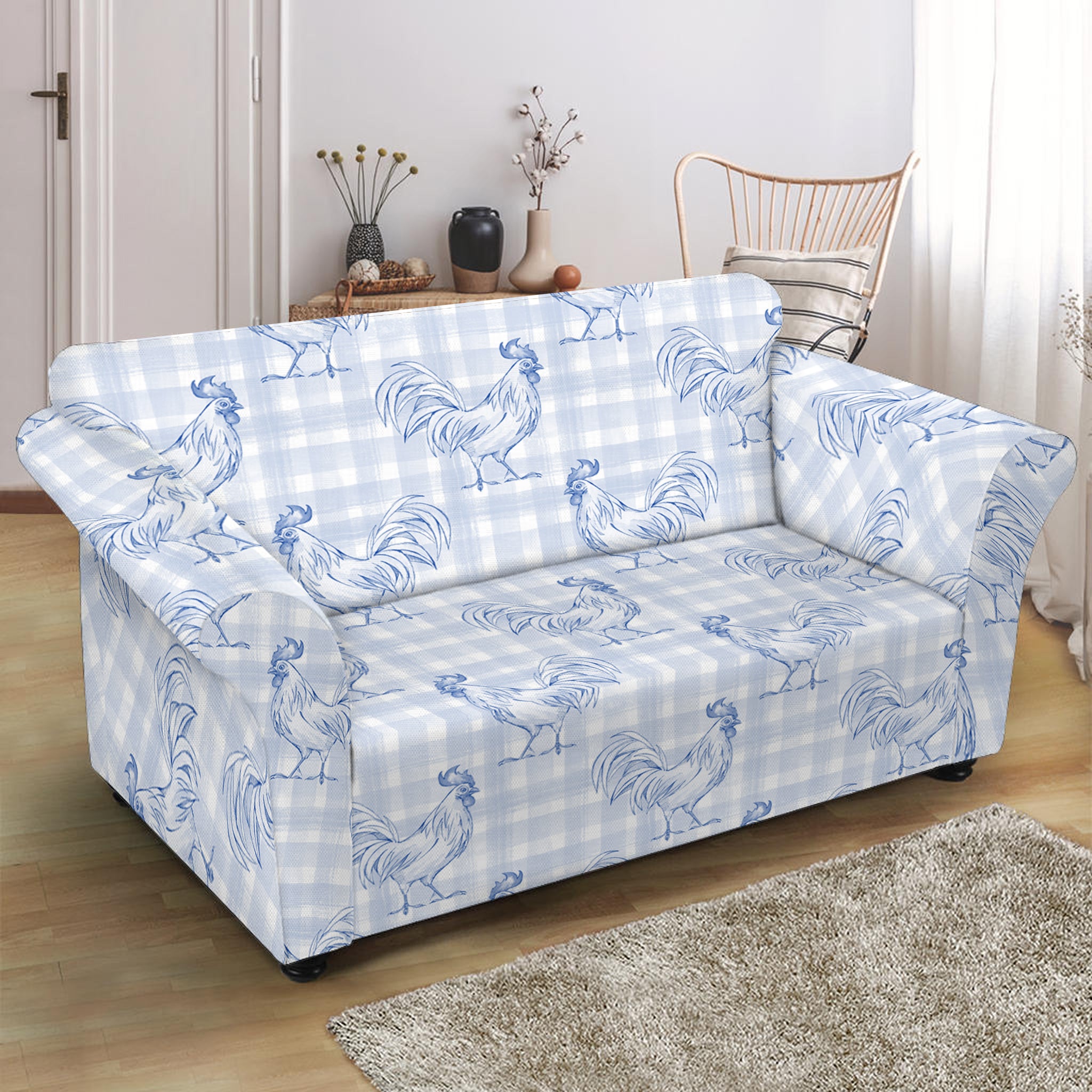 Rooster Plaid Pattern Print Loveseat Slipcover