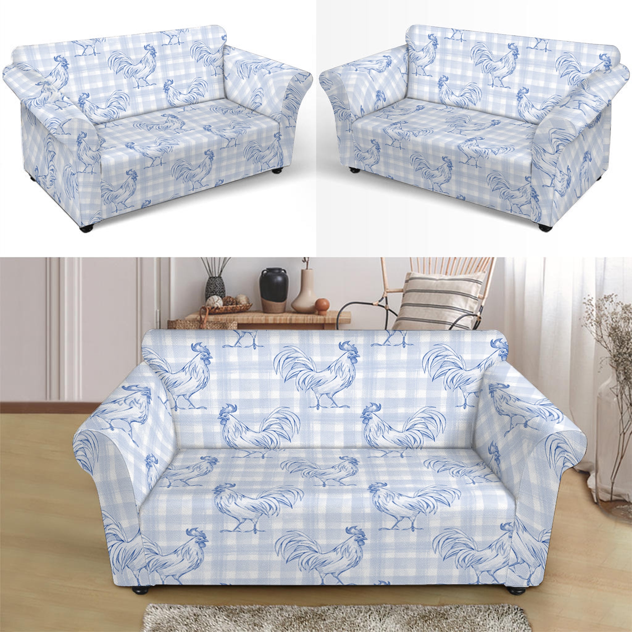 Rooster Plaid Pattern Print Loveseat Slipcover