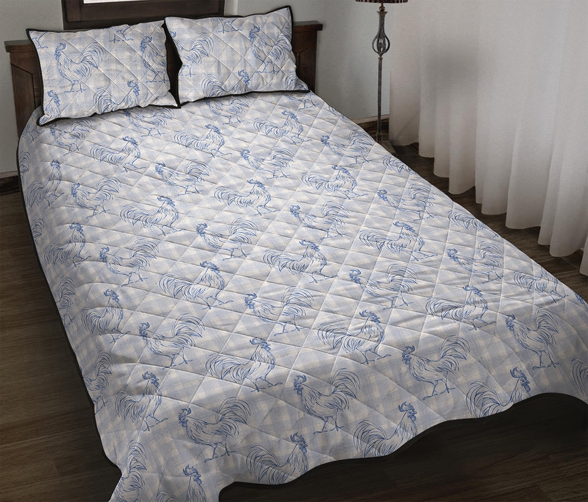 Rooster Plaid Pattern Print Quilt Bed Set