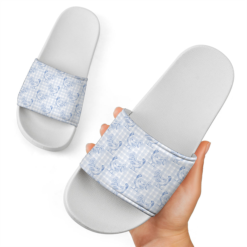 Rooster Plaid Pattern Print White Slide Sandals