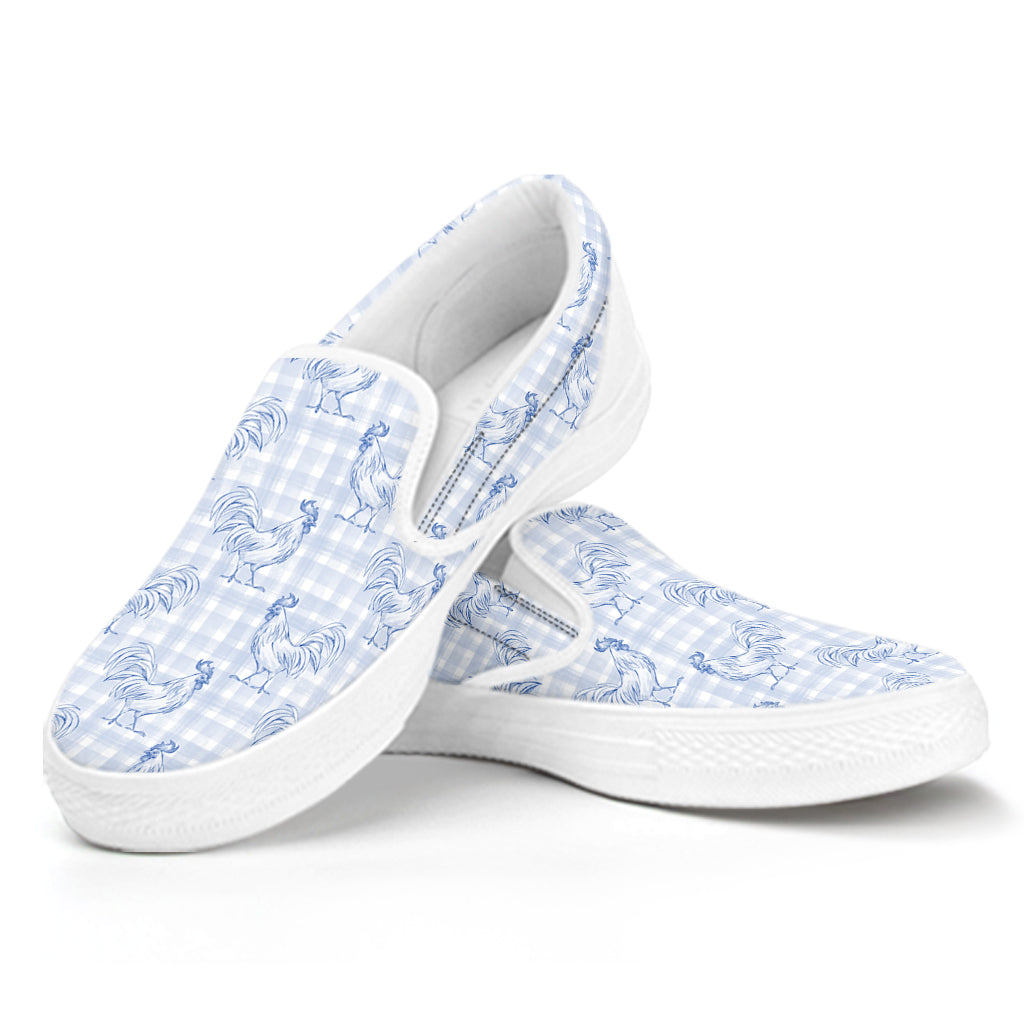 Rooster Plaid Pattern Print White Slip On Shoes