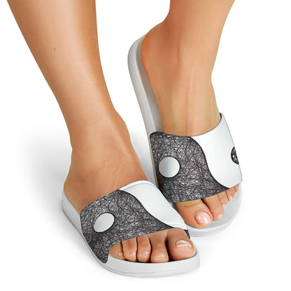 Roots Yin Yang Print White Slide Sandals