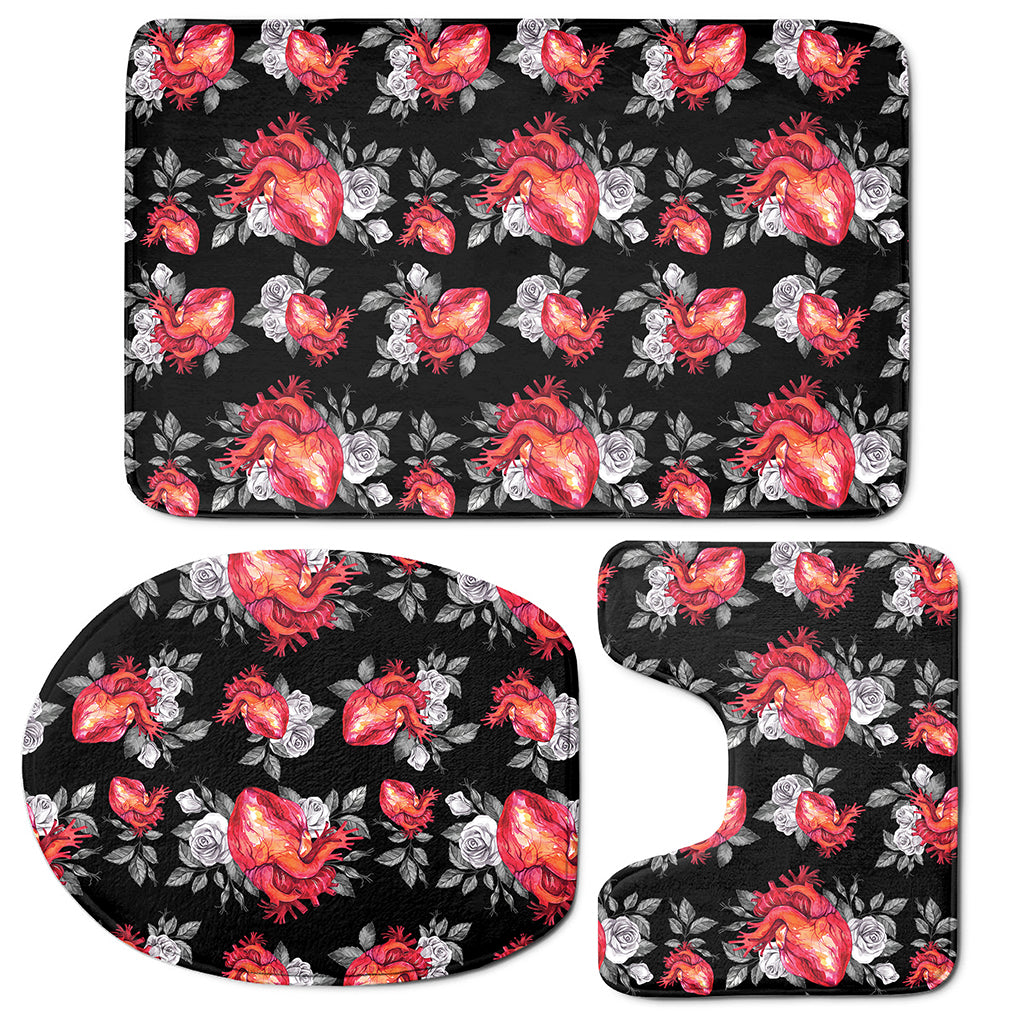 Rose And Heart Pattern Print 3 Piece Bath Mat Set