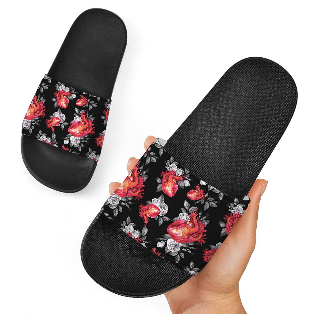 Rose And Heart Pattern Print Black Slide Sandals