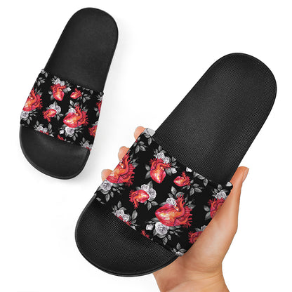 Rose And Heart Pattern Print Black Slide Sandals
