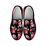 Rose And Heart Pattern Print Black Slip On Shoes