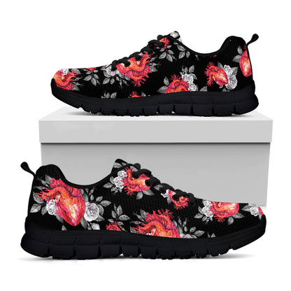 Rose And Heart Pattern Print Black Sneakers