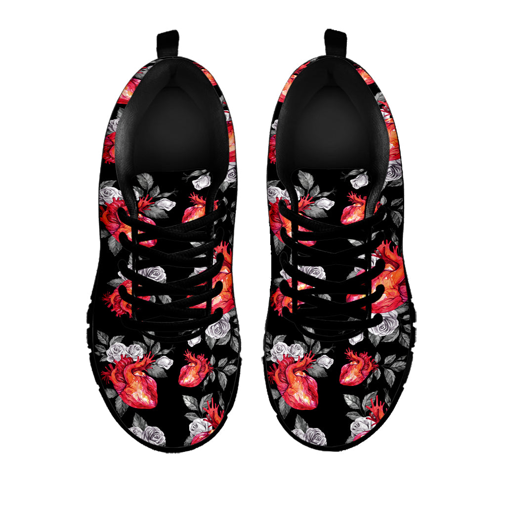 Rose And Heart Pattern Print Black Sneakers
