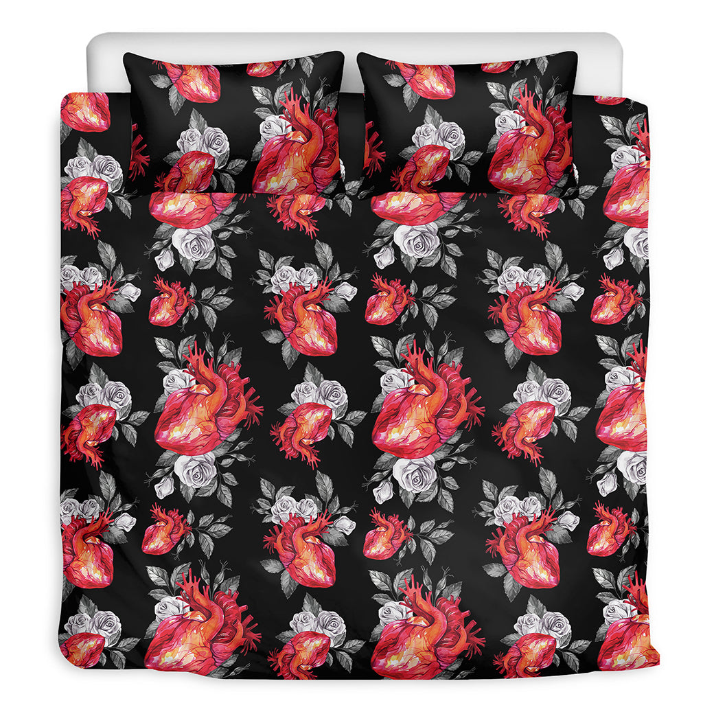 Rose And Heart Pattern Print Duvet Cover Bedding Set