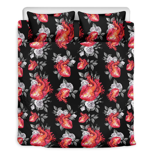 Rose And Heart Pattern Print Duvet Cover Bedding Set