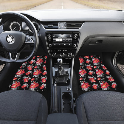 Rose And Heart Pattern Print Front and Back Car Floor Mats