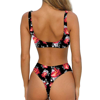 Rose And Heart Pattern Print Front Bow Tie Bikini