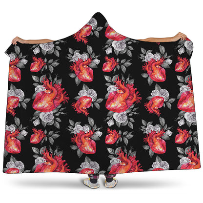 Rose And Heart Pattern Print Hooded Blanket