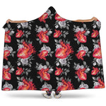 Rose And Heart Pattern Print Hooded Blanket
