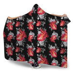 Rose And Heart Pattern Print Hooded Blanket