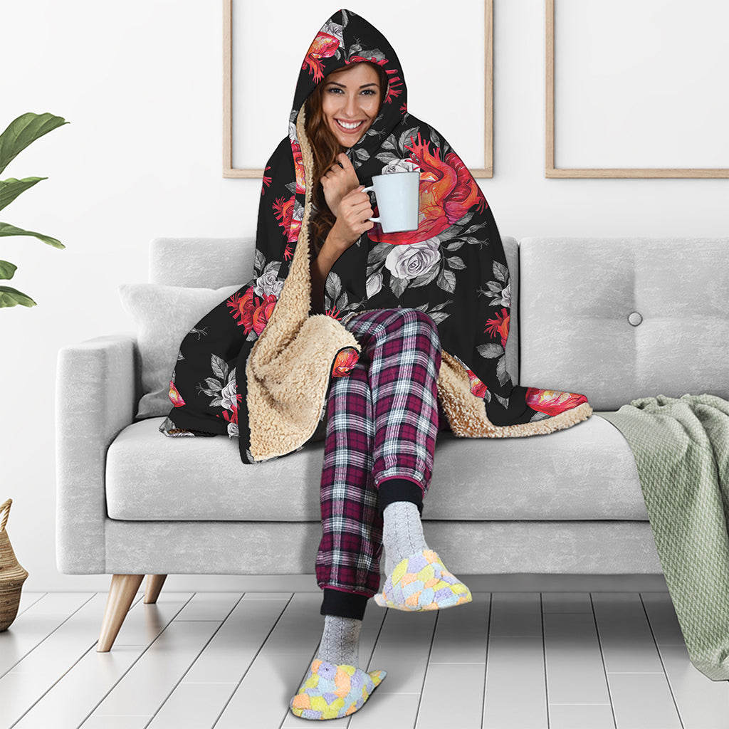 Rose And Heart Pattern Print Hooded Blanket
