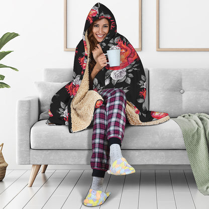 Rose And Heart Pattern Print Hooded Blanket