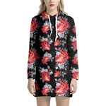 Rose And Heart Pattern Print Hoodie Dress