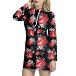 Rose And Heart Pattern Print Hoodie Dress