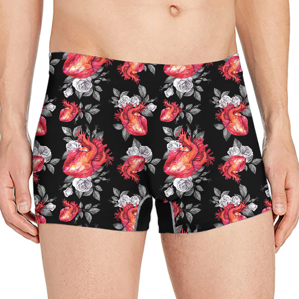 Rose And Heart Pattern Print Men's Boxer Briefs