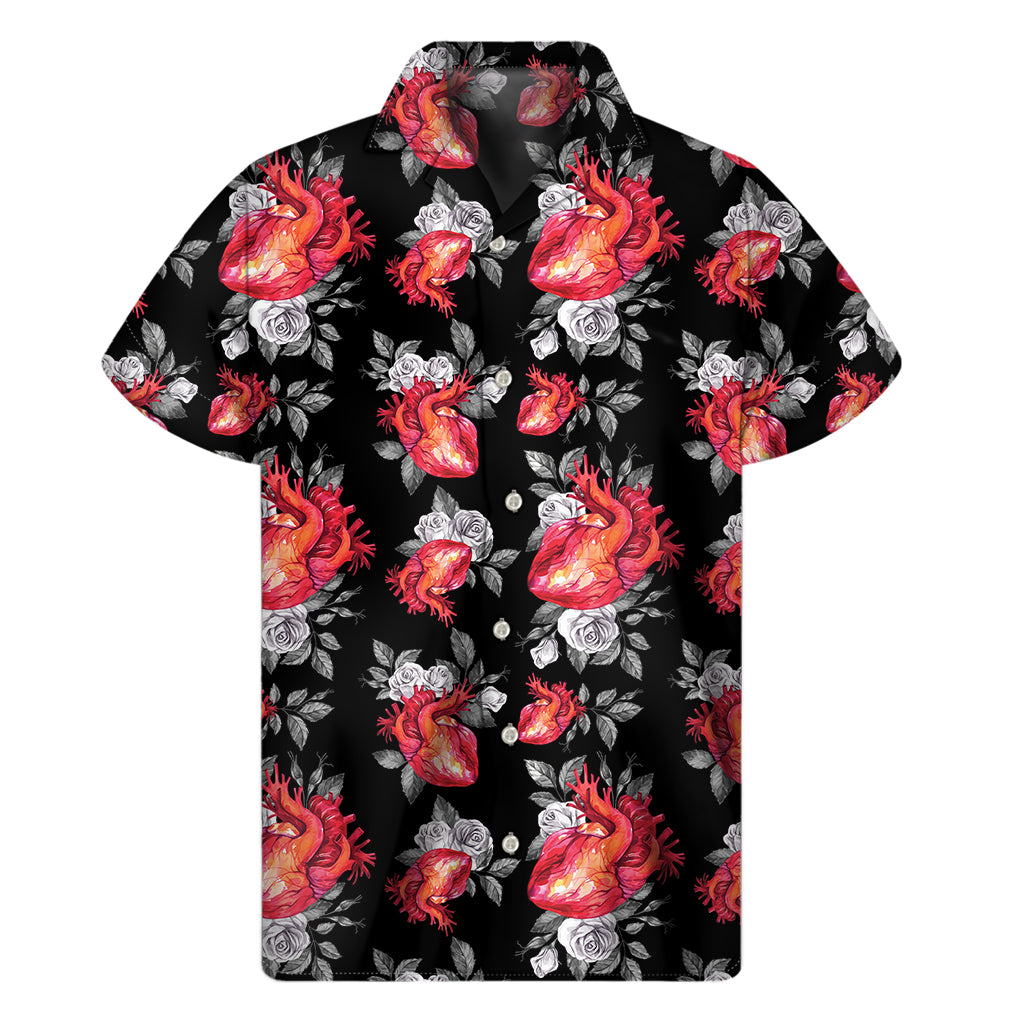 Rose And Heart Pattern Print Men's Short Sleeve Shirt