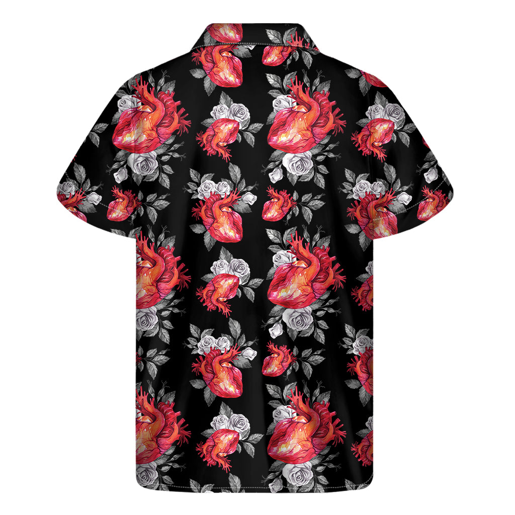 Rose And Heart Pattern Print Men's Short Sleeve Shirt