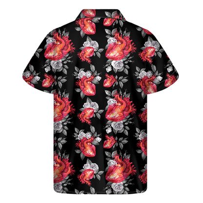 Rose And Heart Pattern Print Men's Short Sleeve Shirt