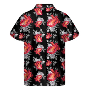 Rose And Heart Pattern Print Men's Short Sleeve Shirt