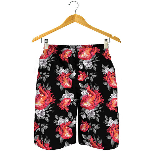 Rose And Heart Pattern Print Men's Shorts