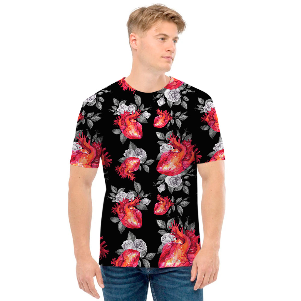 Rose And Heart Pattern Print Men's T-Shirt